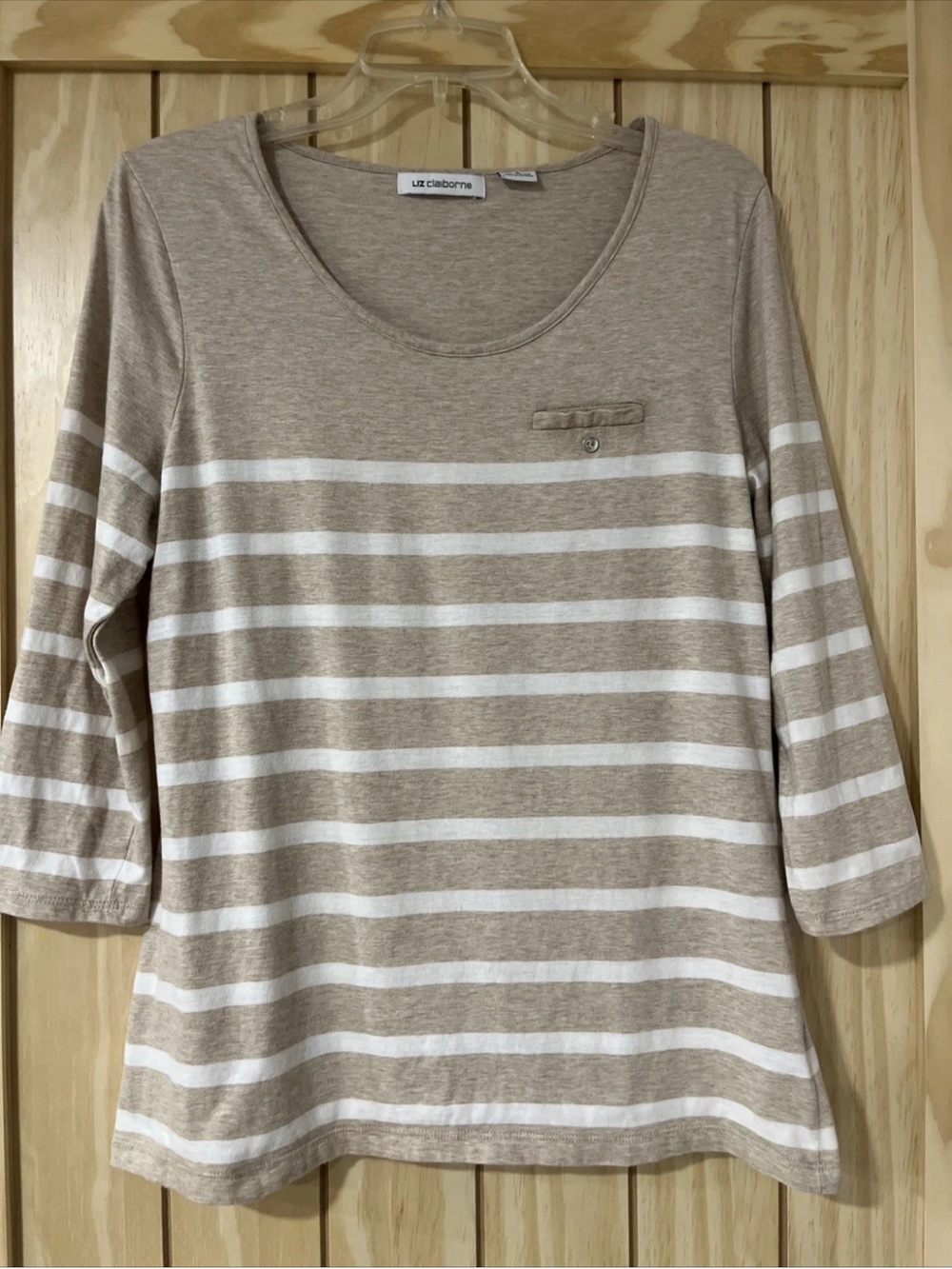 Liz Claiborne Beige and White Striped Scoop Neck 3/4 Sleeve Top